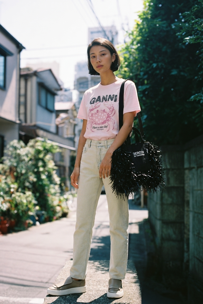 Ganni、真夏の昼下がり、足どり軽く。
